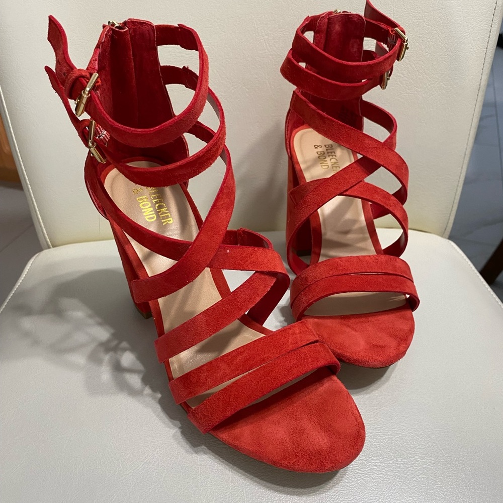 red strappy suede heels